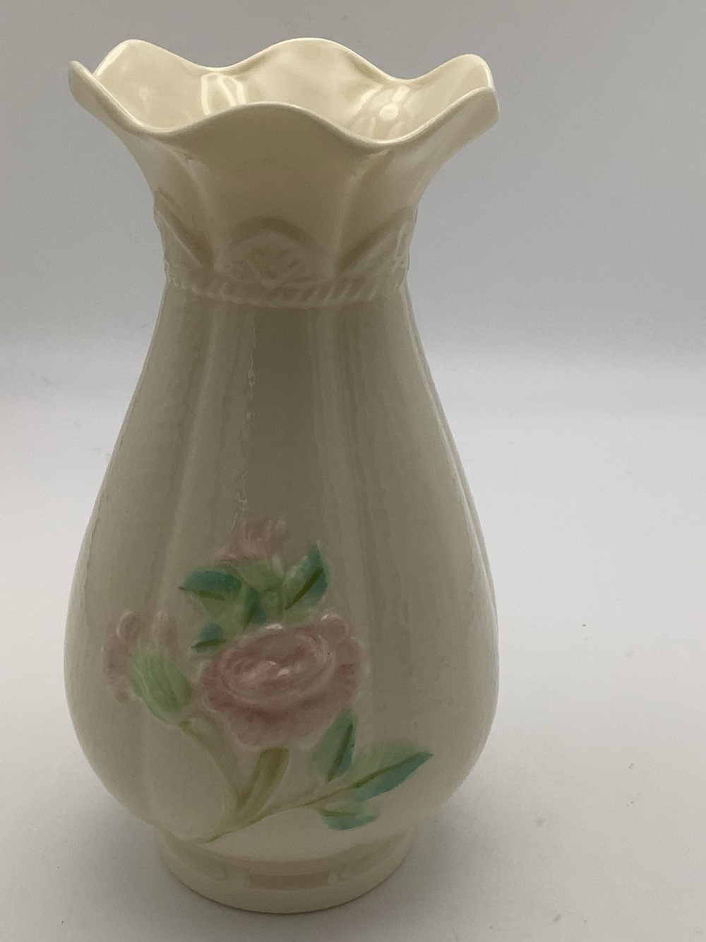 Vintage Belleek Irish Fluted Floral Vase